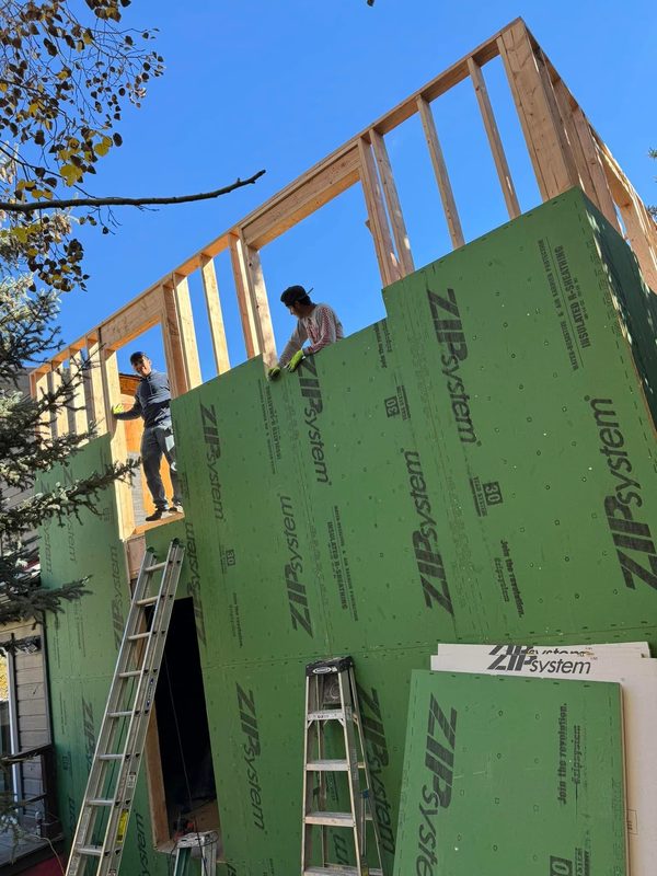 Two-story addition going up in ZIP System sheathing